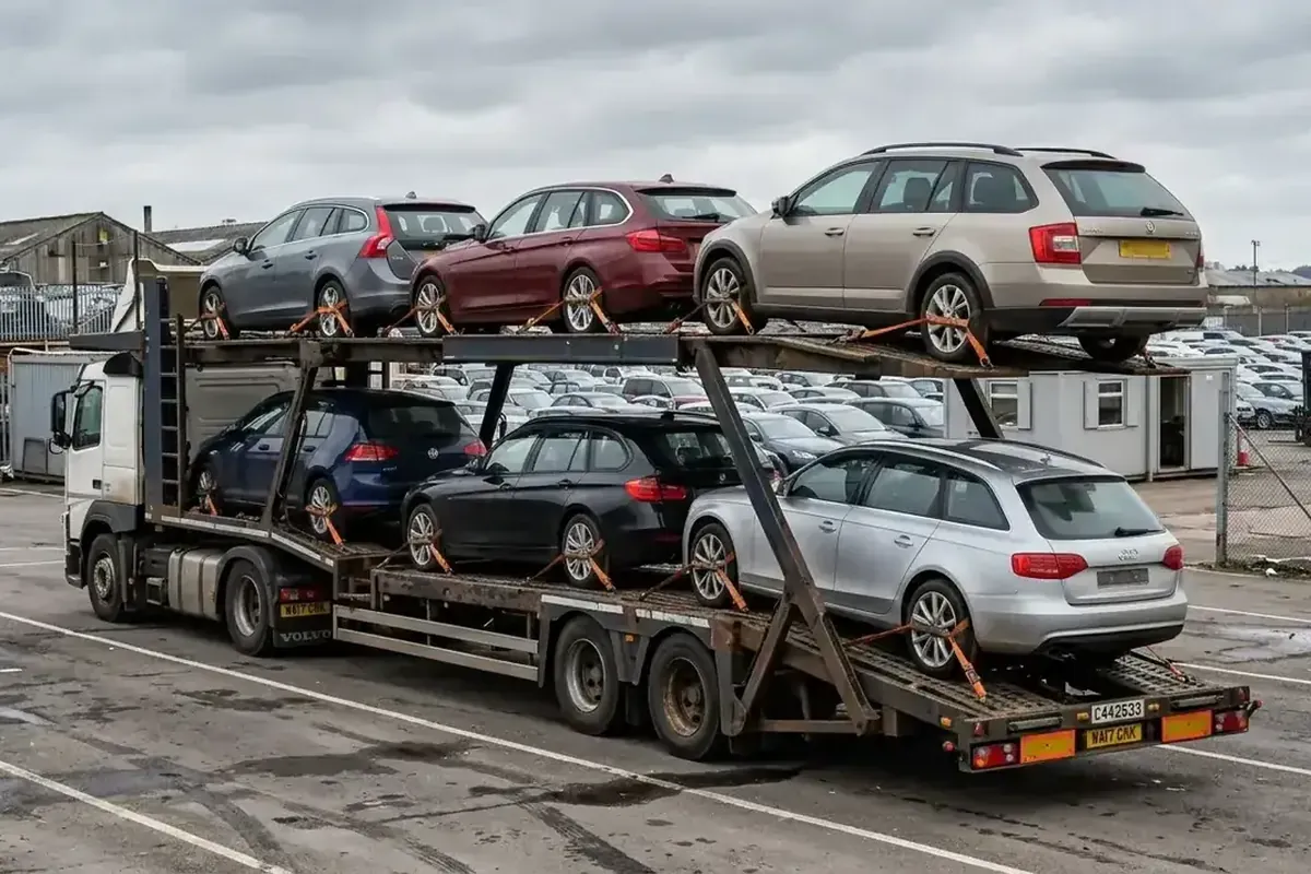 Autotransporter met twee dekken, geladen met gebruikte auto's op een autoterrein