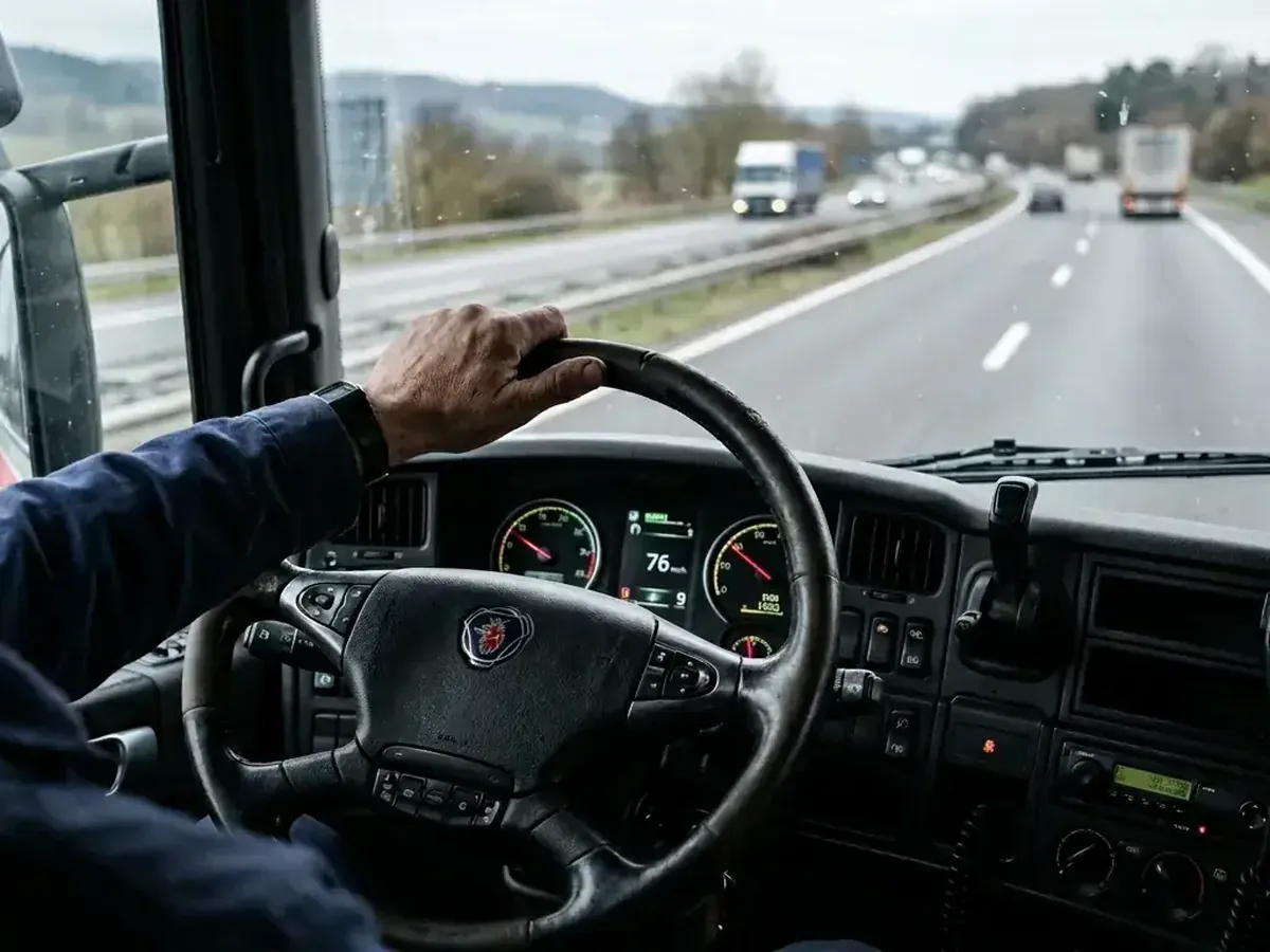 A driver at the wheel of a lorry on a motorway, the haulier the carrier network works with