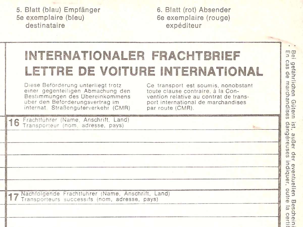 A blank CMR consignment note, the document every international load travels under