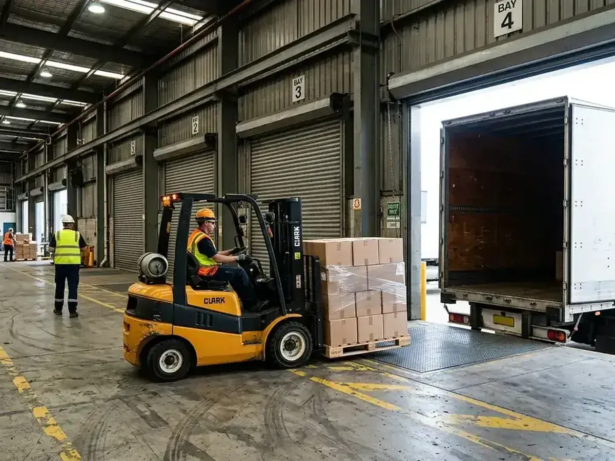 Forklift loading a pallet into a box trailer at a warehouse bay, groupage freight going on board