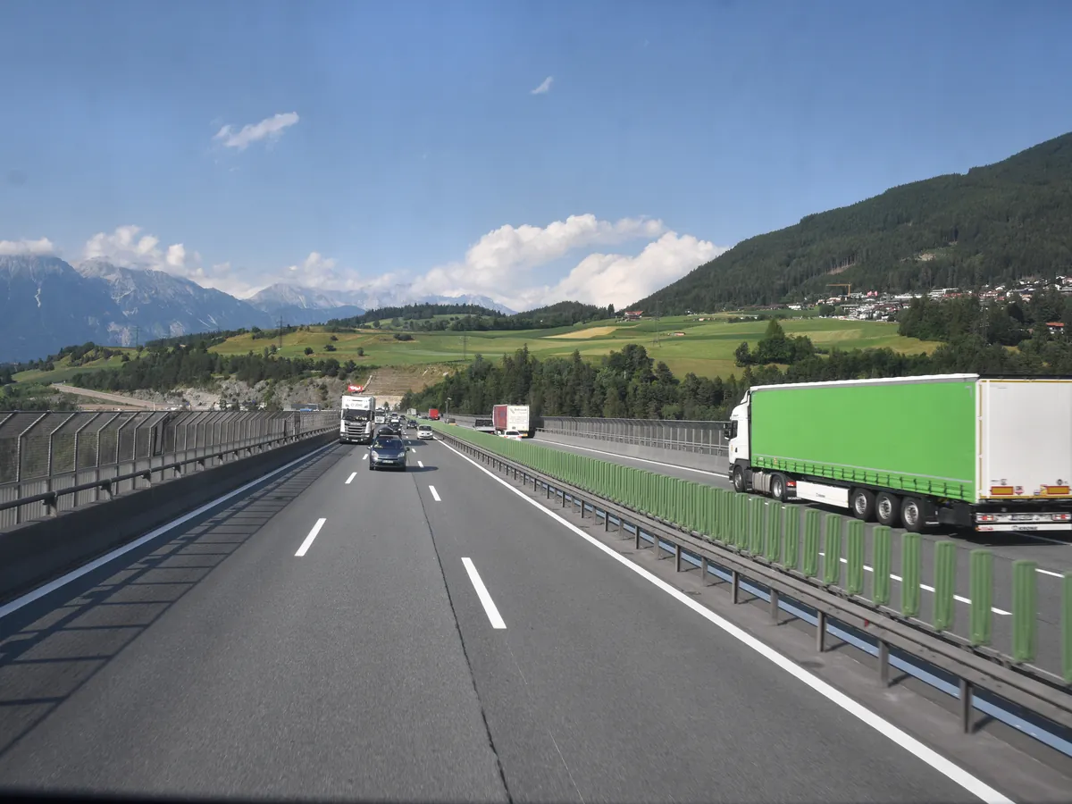 Lorries crossing the Europabrücke on the Brenner motorway, an international haulage route over the Alps