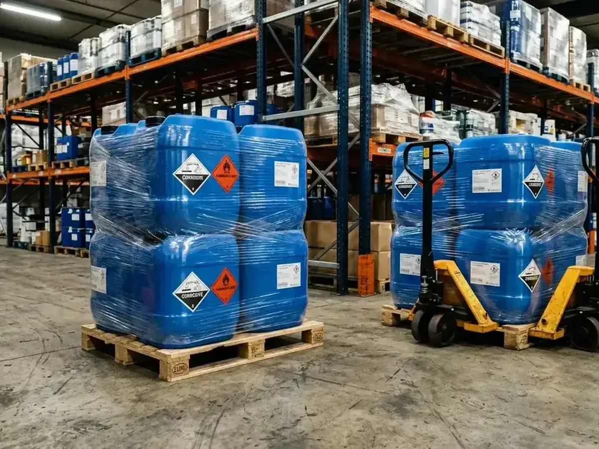 Kanister und Fässer mit Gefahrzetteln auf Paletten im Lager, Chemie in der Kontraktlogistik