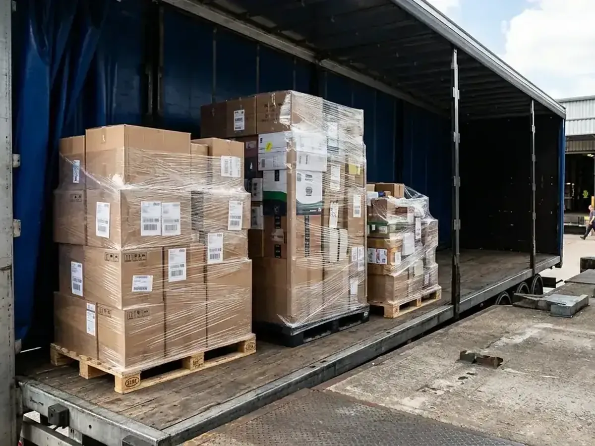 Pallets met dozen in een schuifzeiloplegger, de vloerruimte die een laadmeter meet