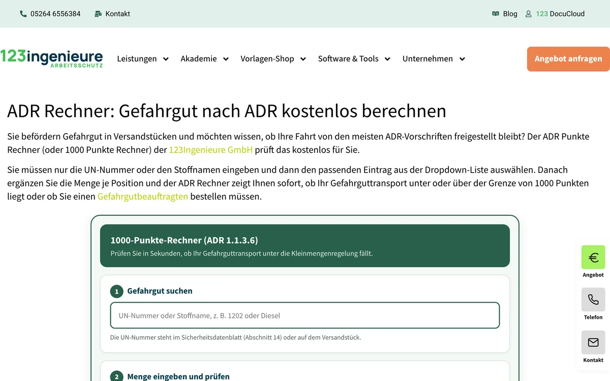 Der 1000-Punkte-Rechner von 123 Ingenieure mit Suche nach UN-Nummer