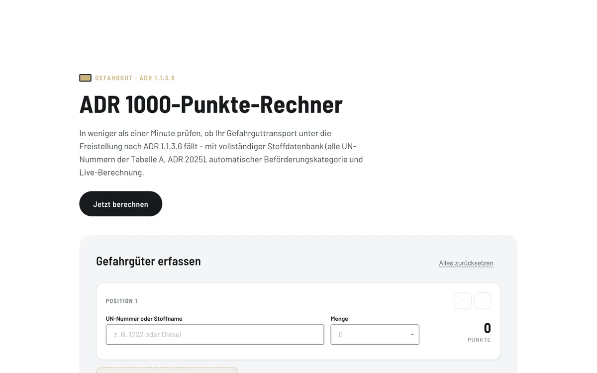 Der ADR 1000-Punkte-Rechner von Gefahrgut Consulting mit Suche nach UN-Nummer