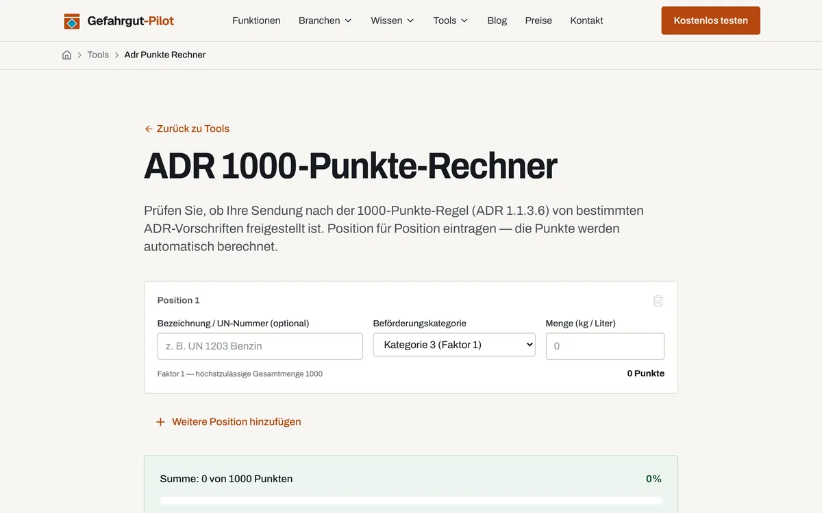 Der ADR 1000-Punkte-Rechner von Gefahrgut-Pilot mit Auswahl der Beförderungskategorie