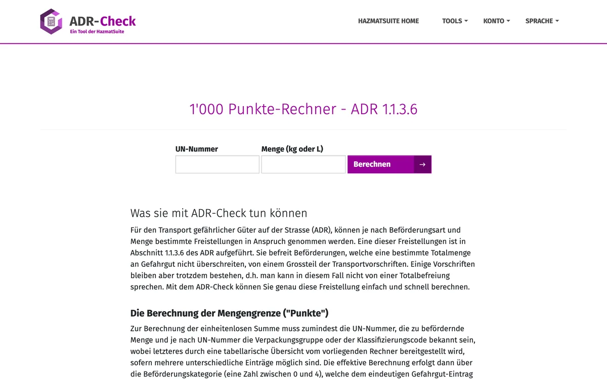 Der ADR-Check von HazmatSuite mit dem Wert je UN-Nummer und Variante