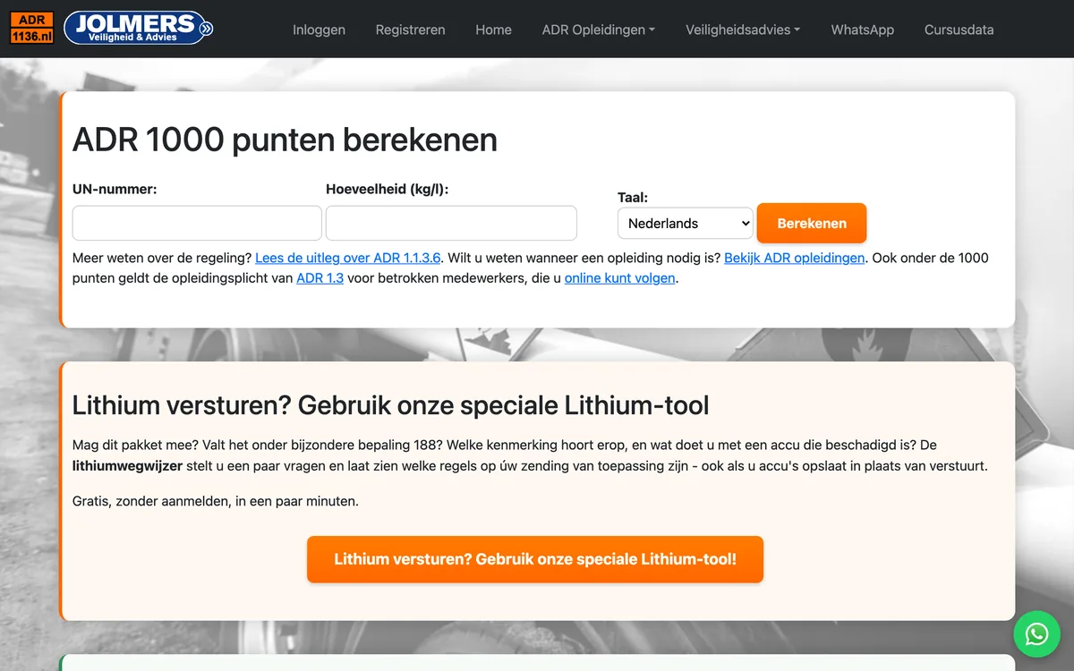 De rekentool van 1136.nl met zoeken op UN-nummer en een tekst voor het vervoersdocument