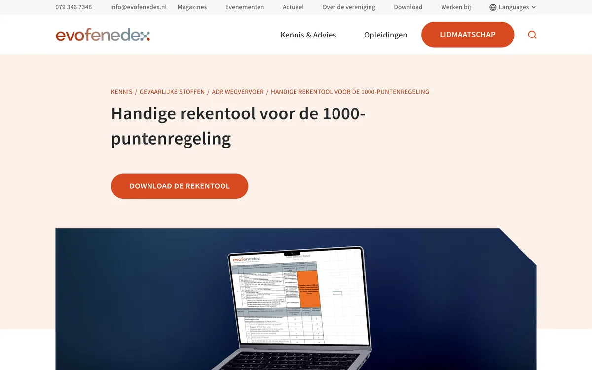 De pagina van de evofenedex-rekentool voor de 1000-puntenregeling