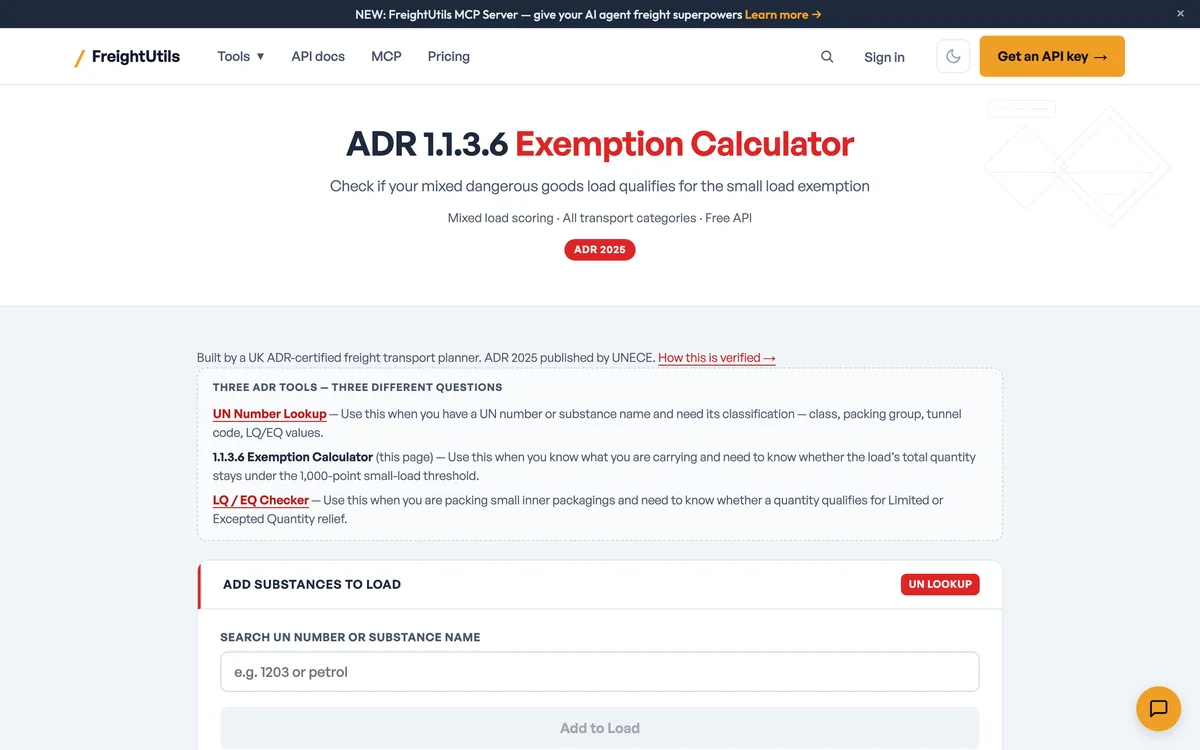 FreightUtils ADR 1.1.3.6 exemption calculator with a UN number search