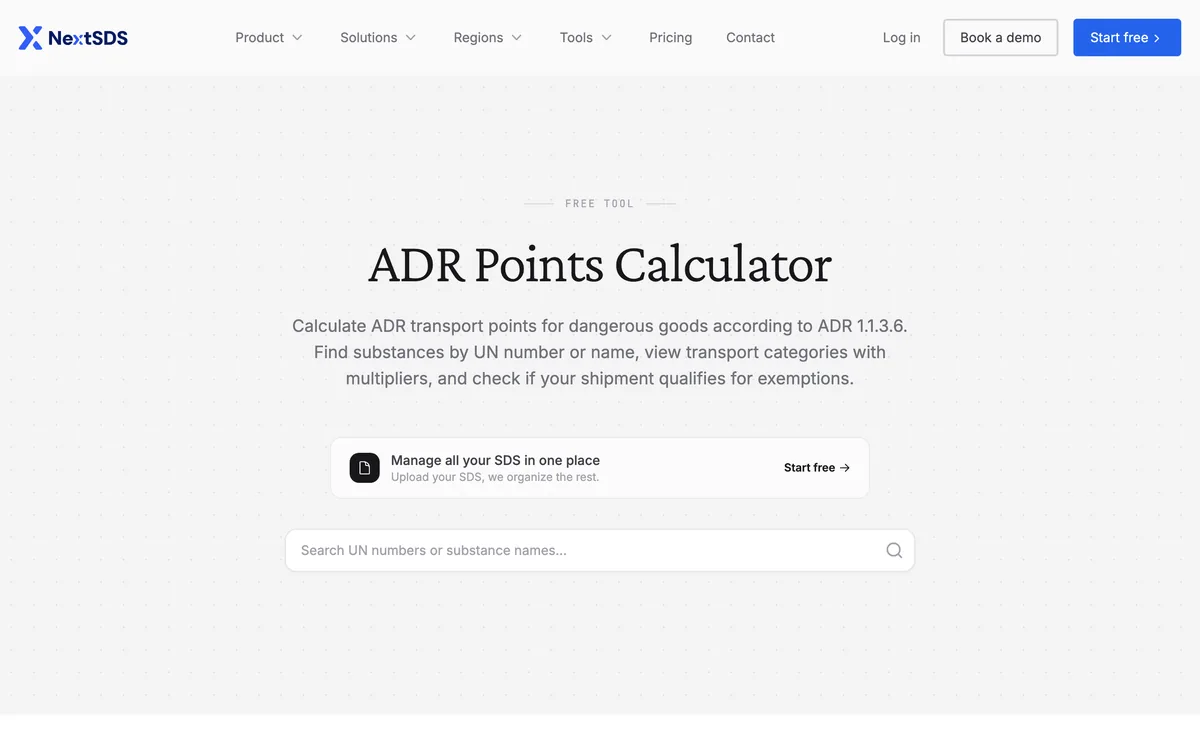 NextSDS ADR points calculator with its search by UN number or substance name