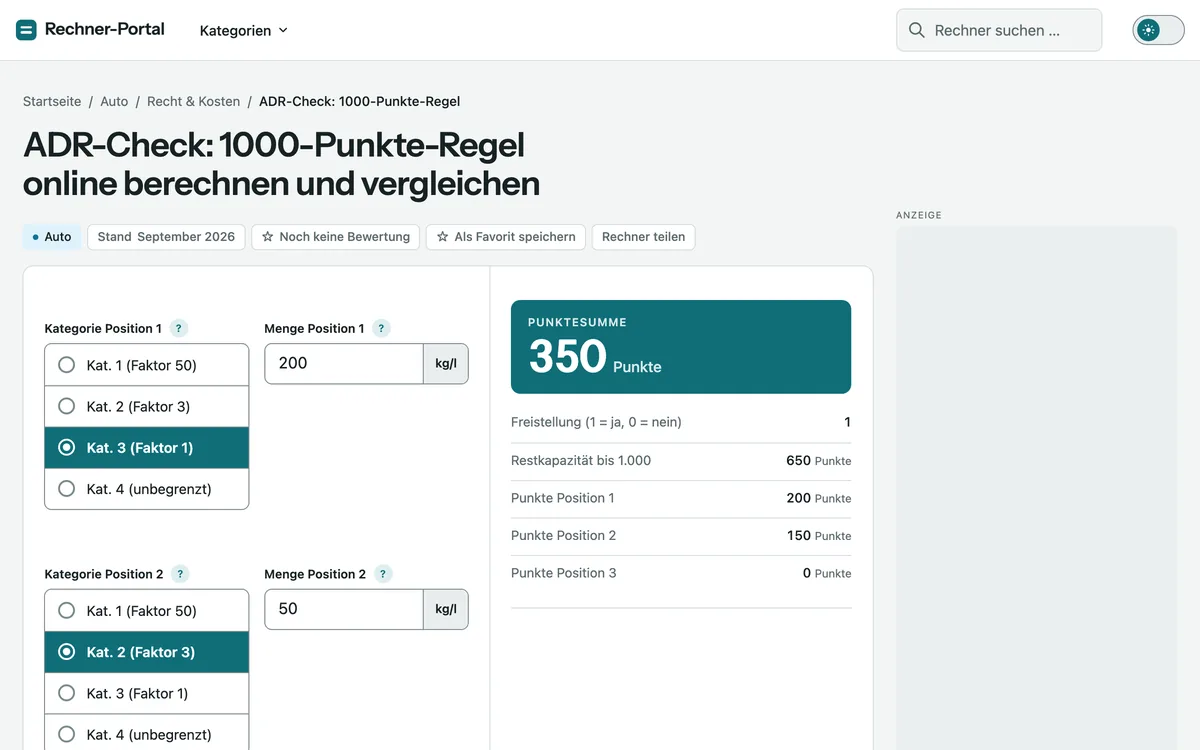 Rechner-Portal ADR-Check with transport category buttons and a points total