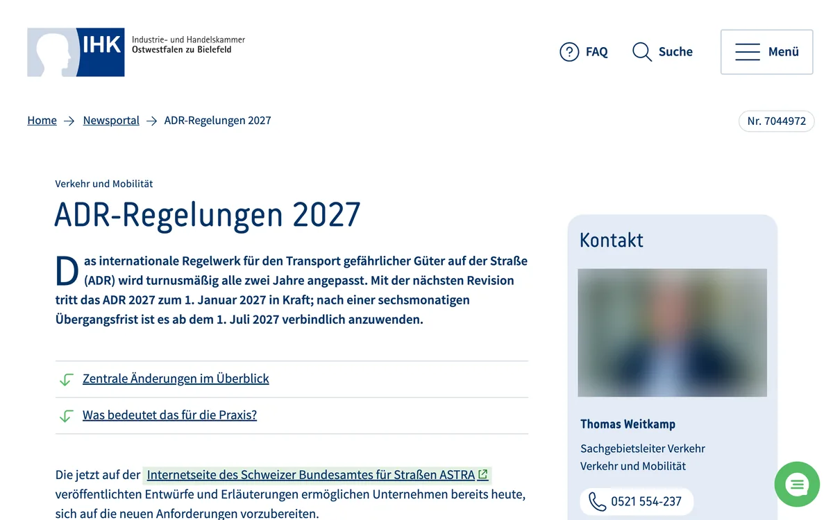 IHK Ostwestfalen news item summarising the ADR 2027 rules