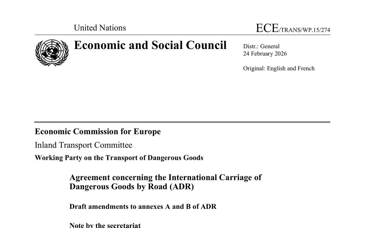 First page of the UN document ECE/TRANS/WP.15/274 on the ADR 2027 amendments