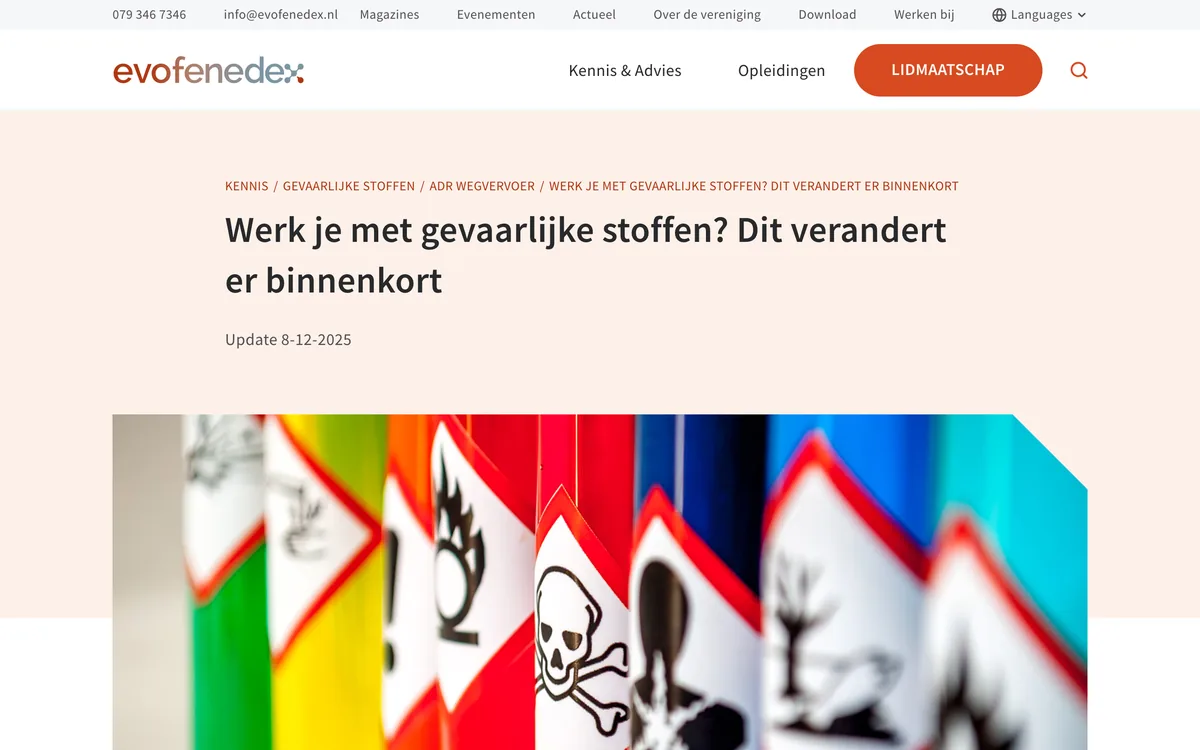 Nieuwsartikel van evofenedex over de komende ADR-wijzigingen