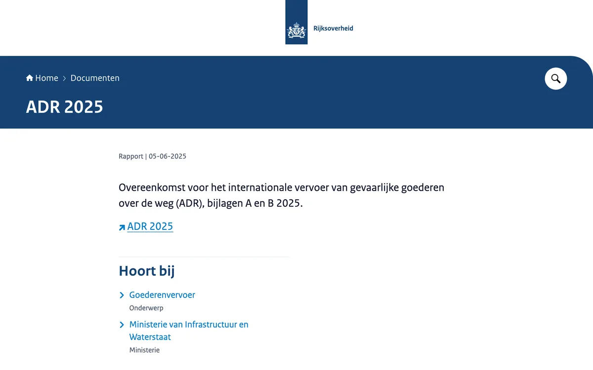 De pagina ADR 2025 van het ministerie van Infrastructuur en Waterstaat op rijksoverheid.nl