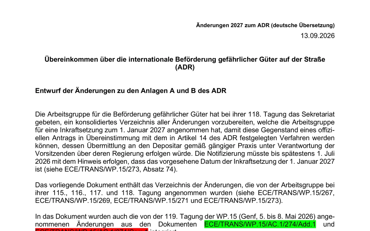 Titelseite der deutschen Übersetzung der ADR-Änderungen 2027 des Bundesministeriums für Verkehr