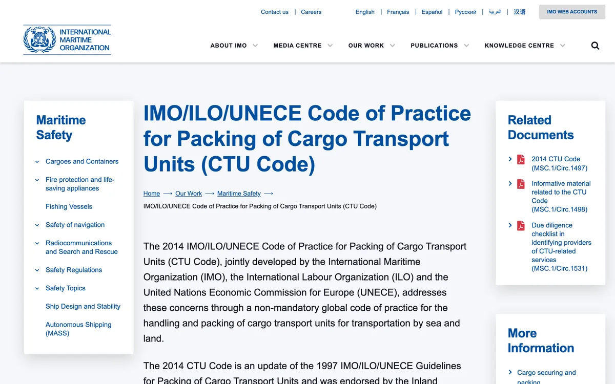 IMO page describing the IMO/ILO/UNECE Code of Practice for Packing of Cargo Transport Units