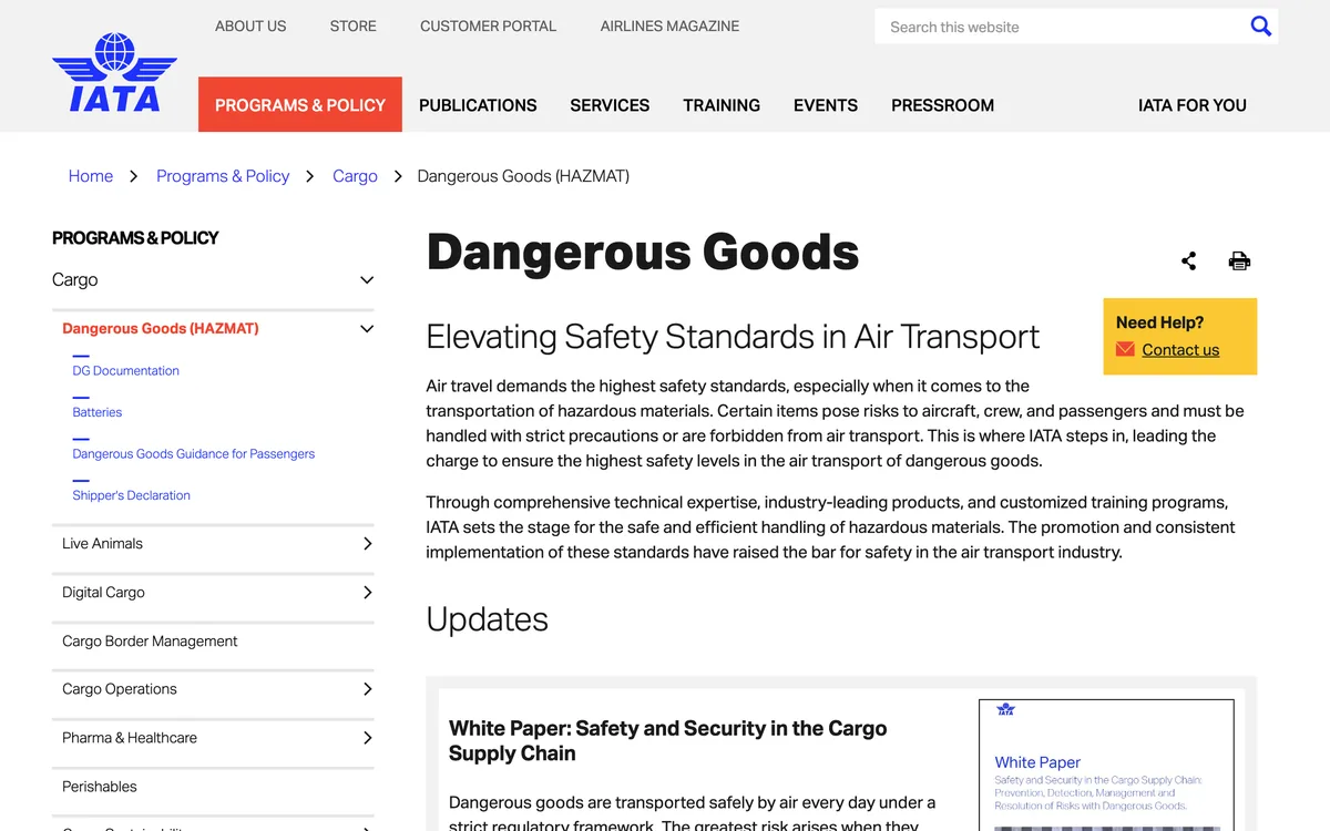 IATA cargo dangerous goods programme page with links to the Dangerous Goods Regulations