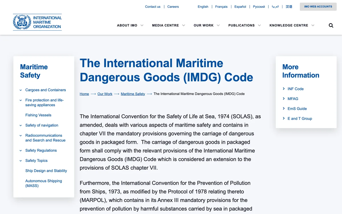 IMO page describing the International Maritime Dangerous Goods Code