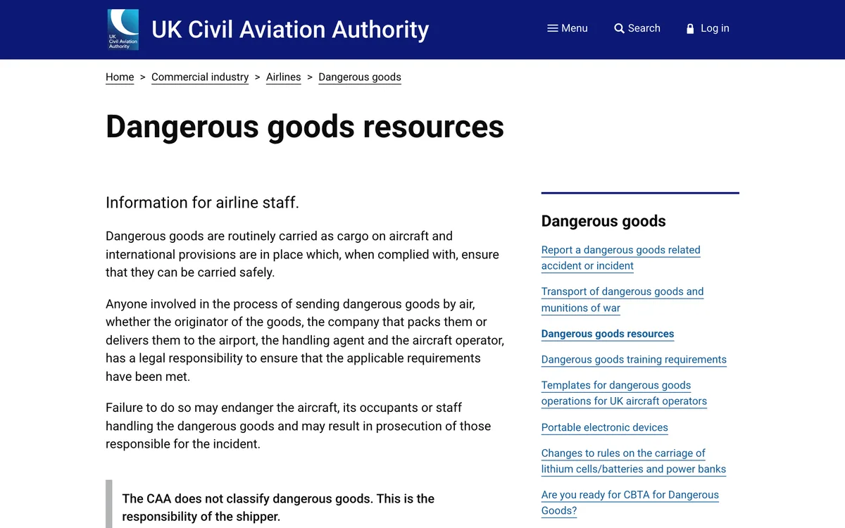 UK Civil Aviation Authority dangerous goods resources page