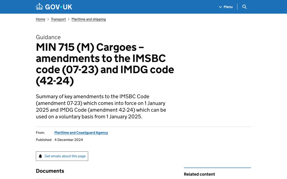 GOV.UK page for MCA Marine Information Note 715 on IMDG Code amendment 42-24