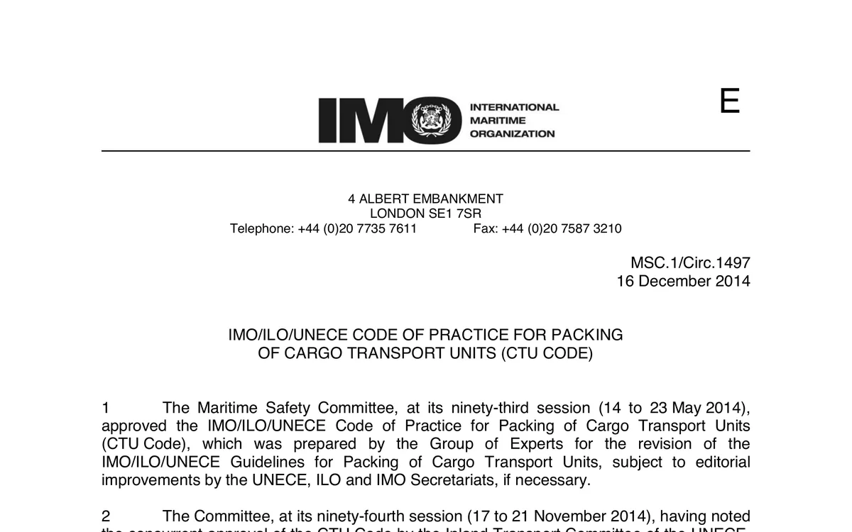 First page of MSC.1/Circ.1497, the IMO/ILO/UNECE Code of Practice for Packing of Cargo Transport Units