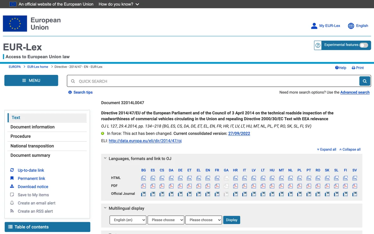 Directive 2014/47/EU in the Official Journal, Annex III on cargo securing