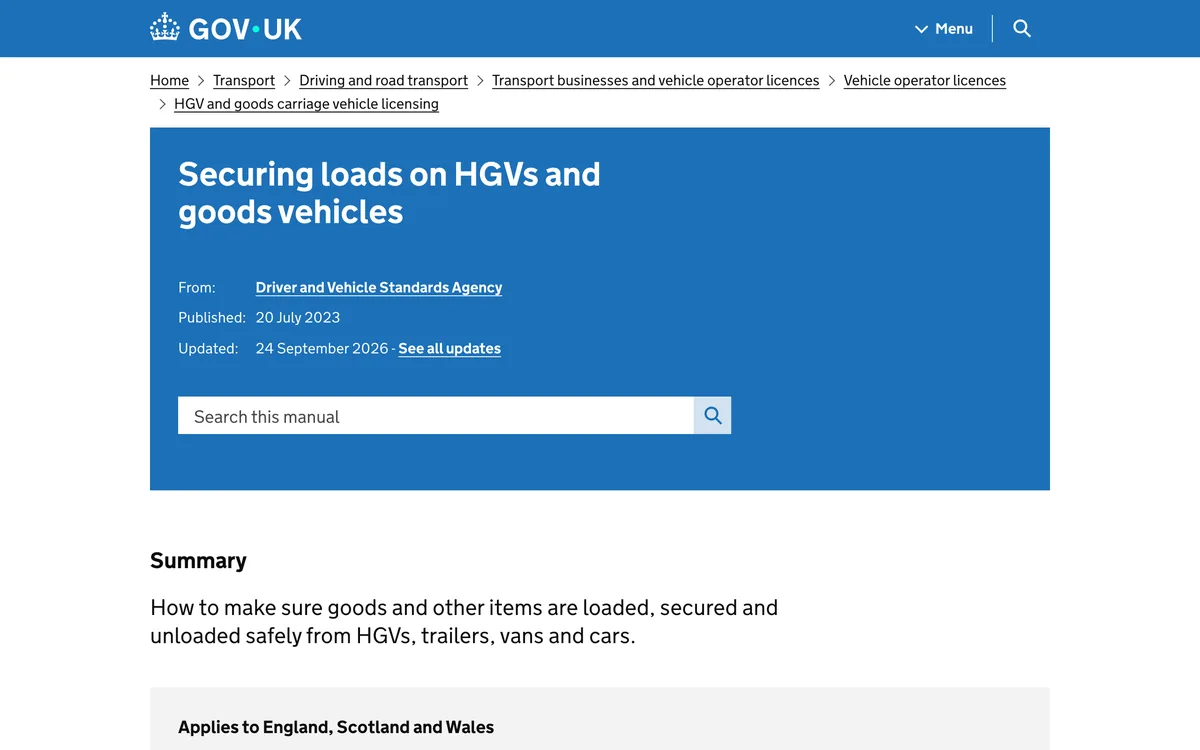 GOV.UK guide Securing loads on HGVs and goods vehicles by the Driver and Vehicle Standards Agency