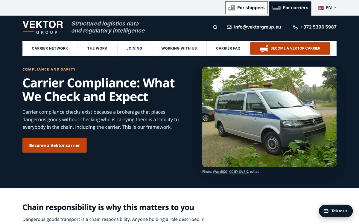 Vektor's carrier compliance page with its table of checks before activation