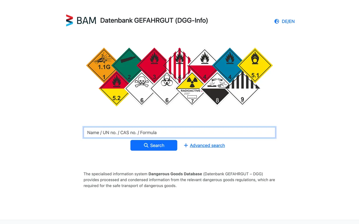 Start page of BAM's DGG-Info search for the Dangerous Goods Database