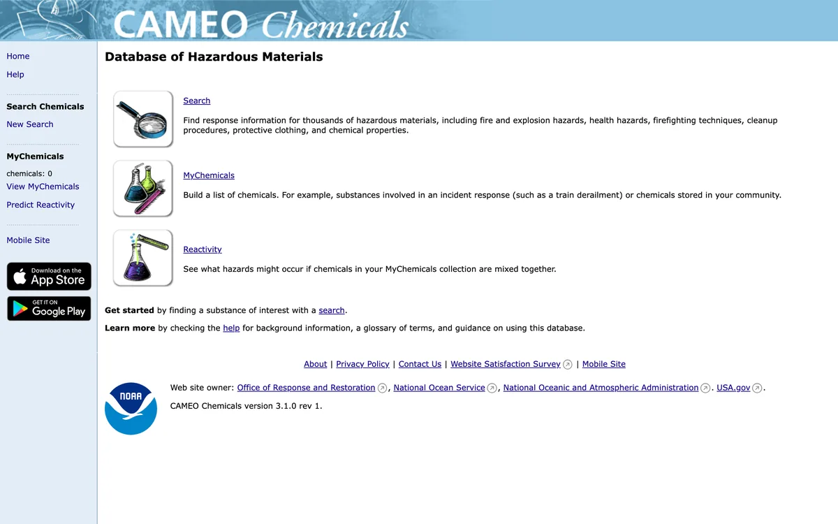 CAMEO Chemicals home page, Database of Hazardous Materials