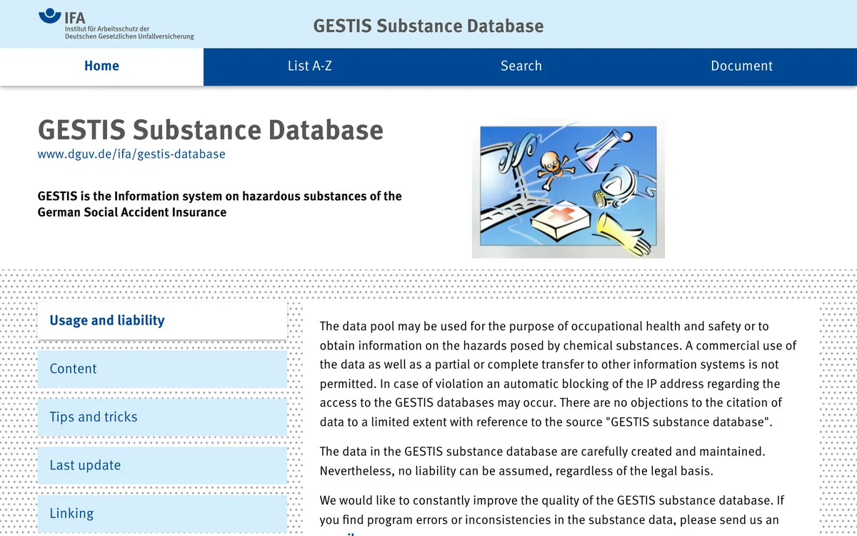GESTIS Substance Database home page with list and search options