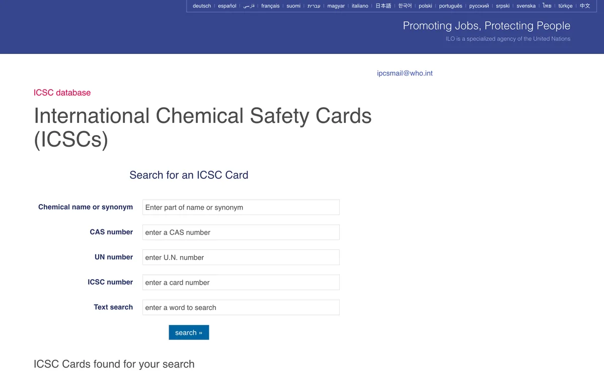 ICSC search form with fields for chemical name, CAS number, UN number and ICSC number