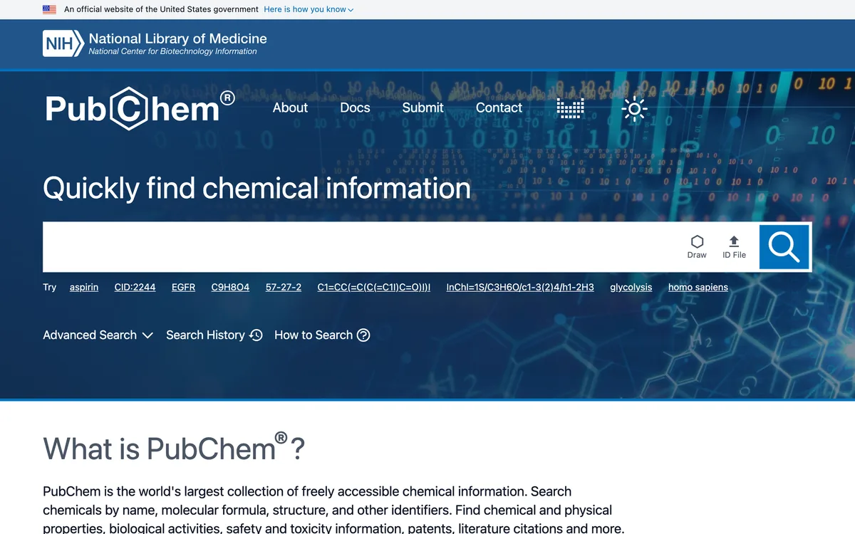 PubChem home page search box at the National Library of Medicine