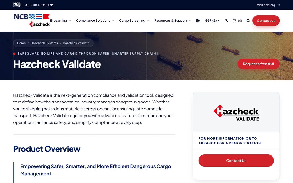 Hazcheck Validate product page describing IMDG, ADR and 49 CFR validation