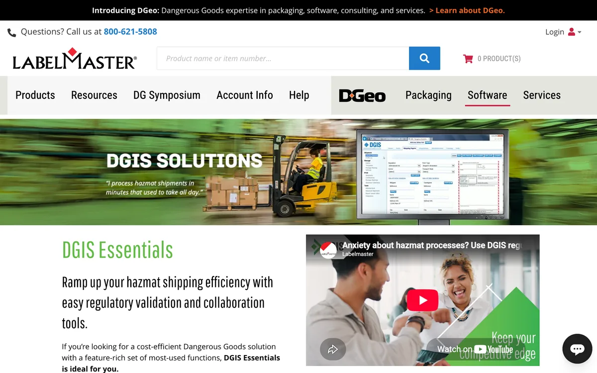 Labelmaster DGIS Essentials product page with its tier comparison