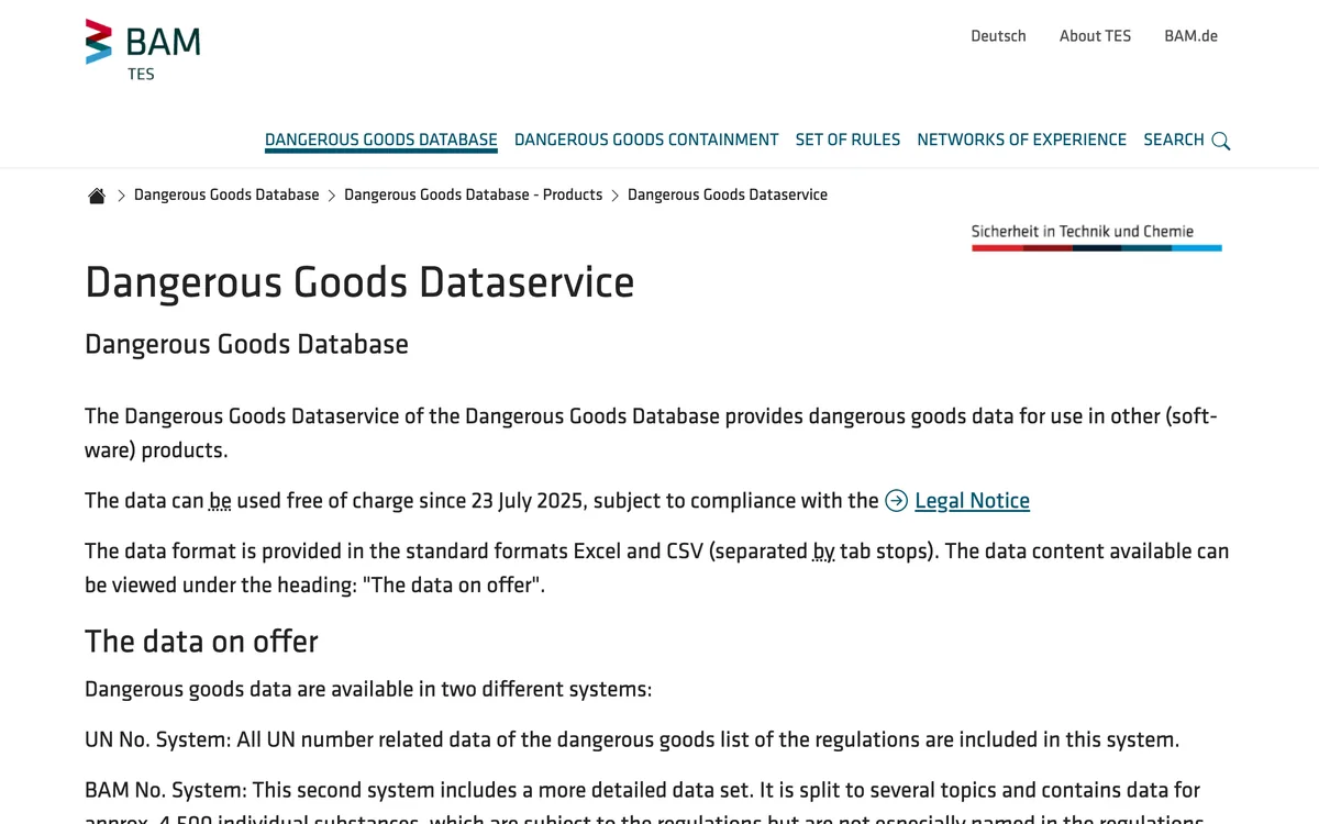 BAM Dangerous Goods Dataservice download page
