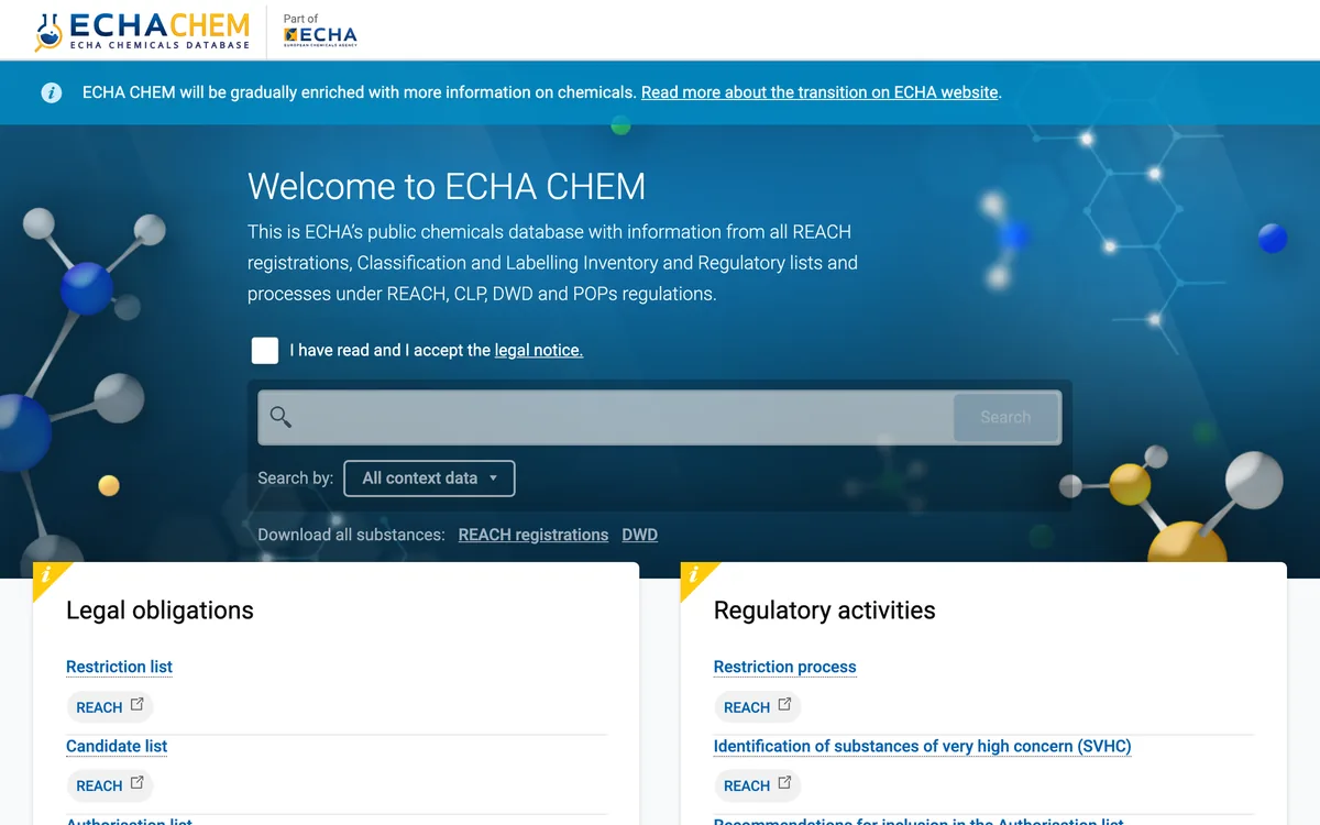 ECHA CHEM database start page
