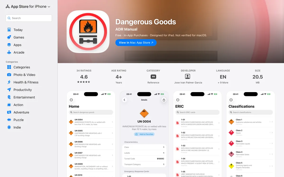 App Store listing of the Dangerous Goods app by Jose Ivan Palmer Garcia