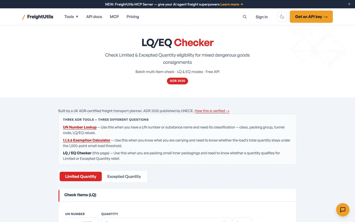 FreightUtils LQ/EQ checker with rows for UN number, quantity and unit