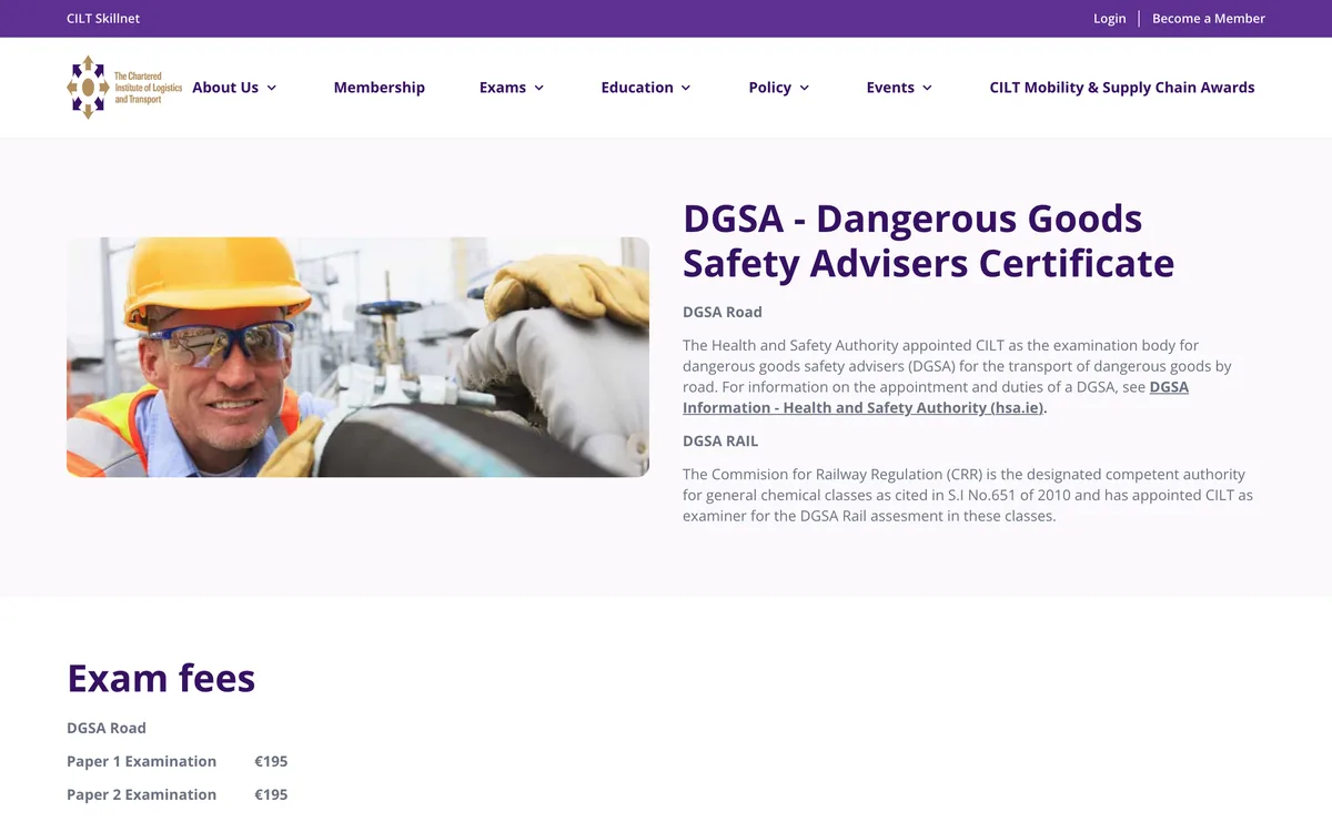 The CILT Ireland page for the dangerous goods safety advisers certificate