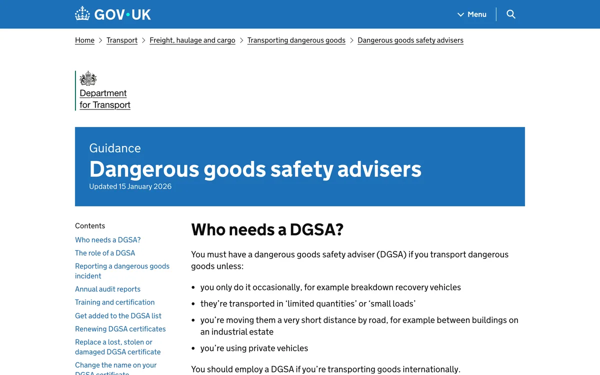 The Department for Transport guidance page on dangerous goods safety advisers