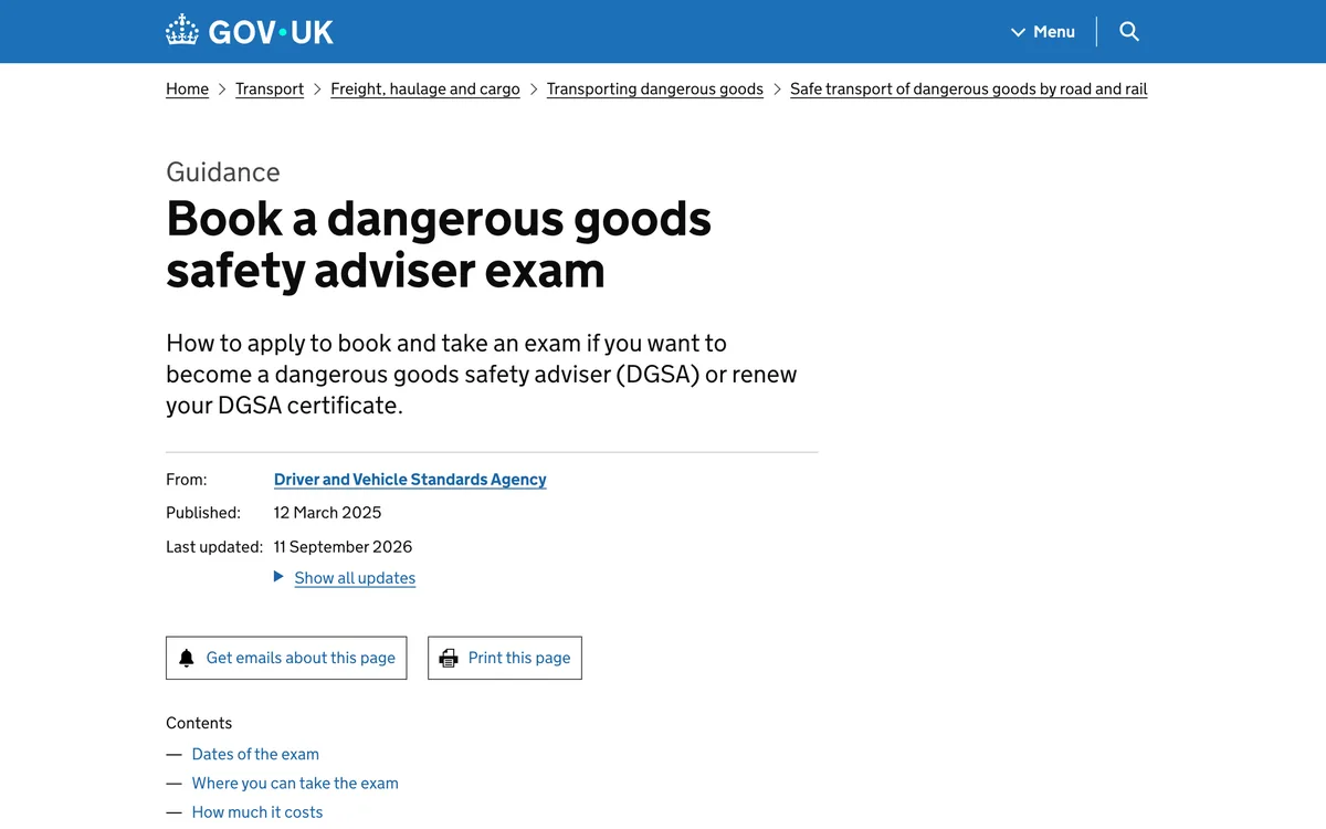 The GOV.UK page to book a dangerous goods safety adviser exam with 2026 and 2027 dates