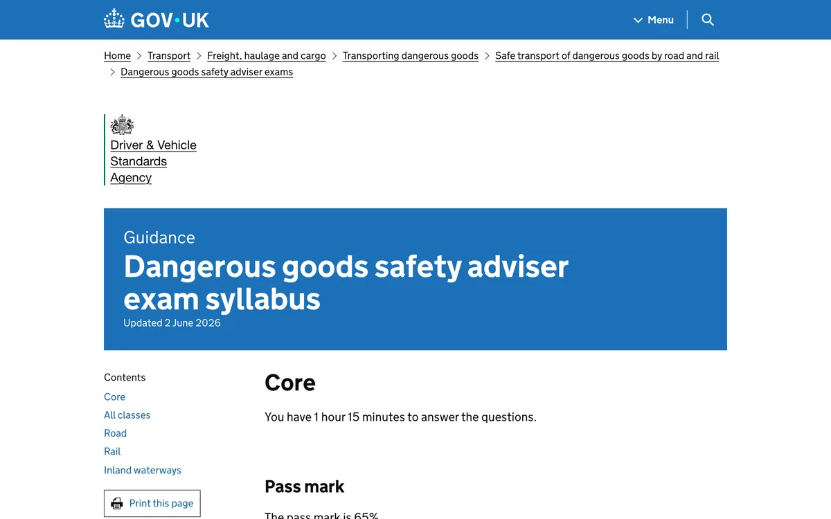 The DVSA dangerous goods safety adviser exam syllabus on GOV.UK