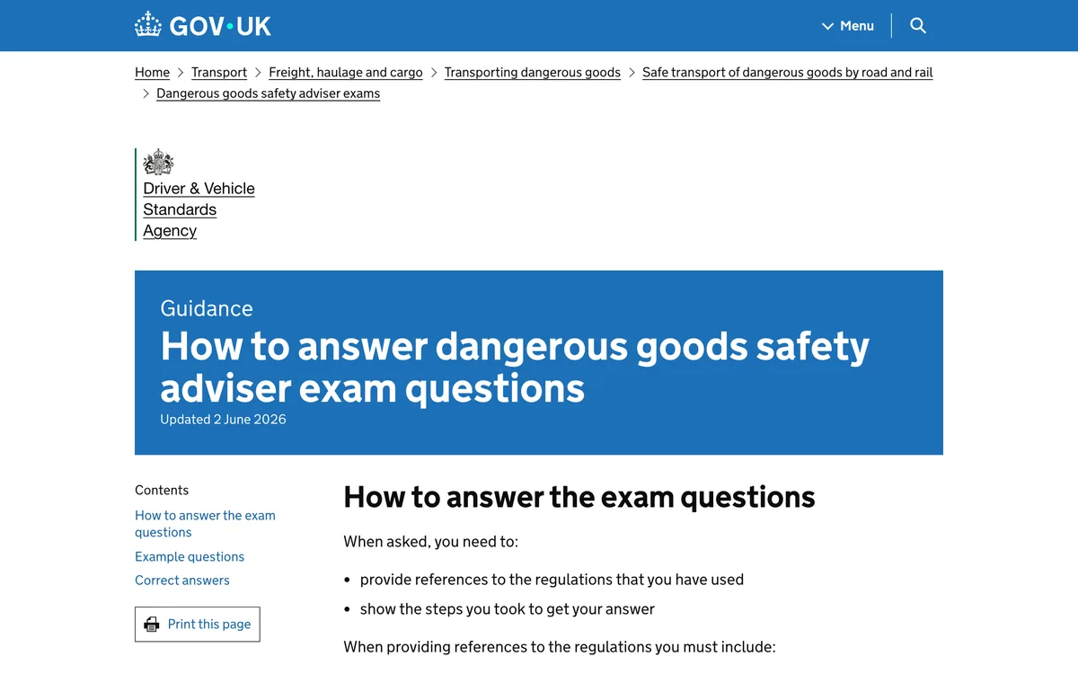 The DVSA page on how to answer dangerous goods safety adviser exam questions