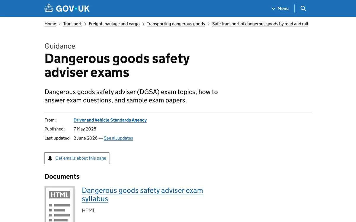 The GOV.UK collection page listing the DGSA core, all classes and road sample papers