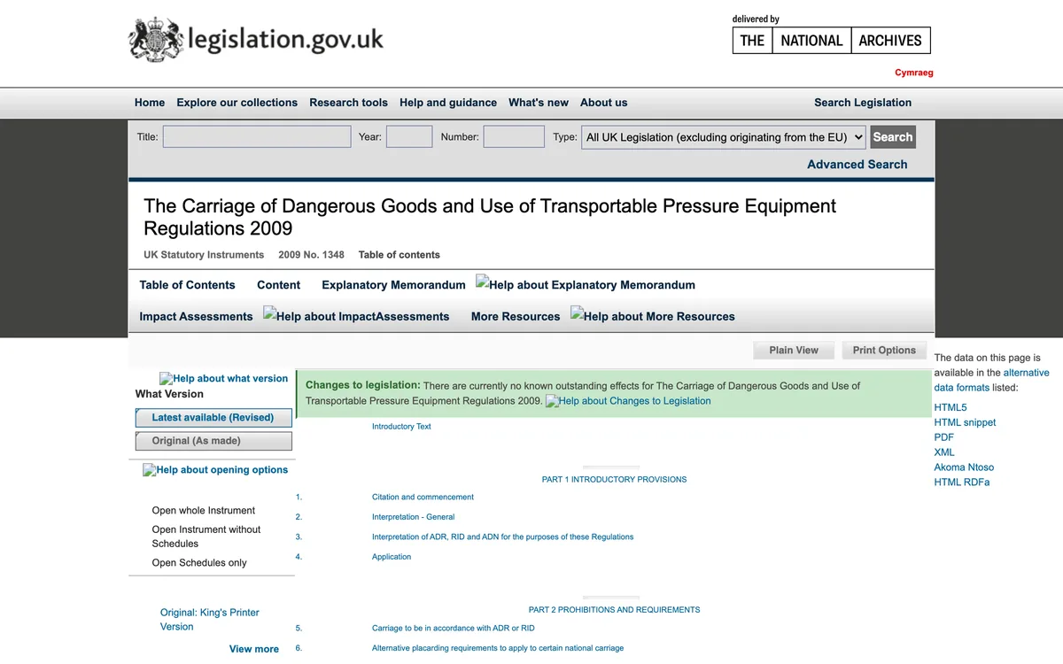 The legislation.gov.uk contents page for the CDG 2009 regulations
