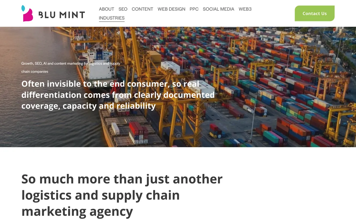 Blu Mint's logistics and supply chain marketing page