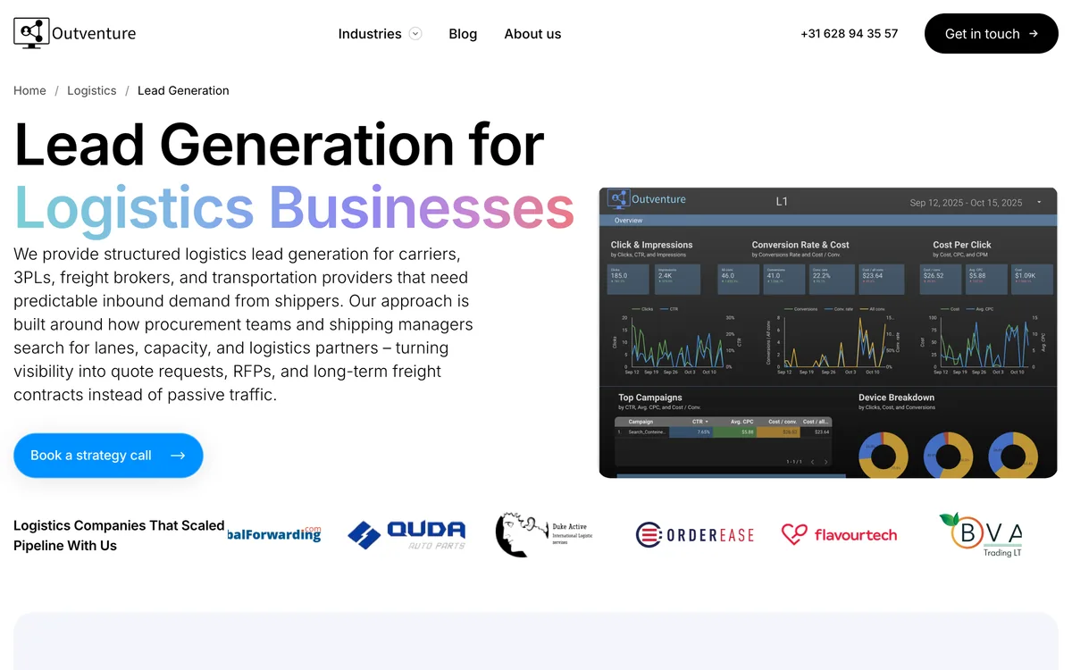 Outventure lead generation page for logistics businesses